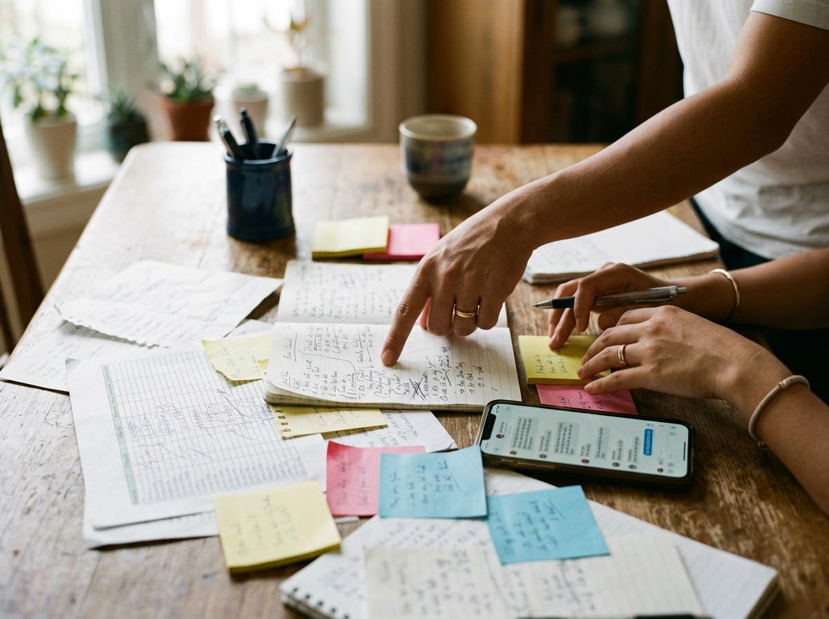 Bàn ăn ngổn ngang danh sách khách — điện thoại, bảng in, giấy note — hai người đang dò từng dòng